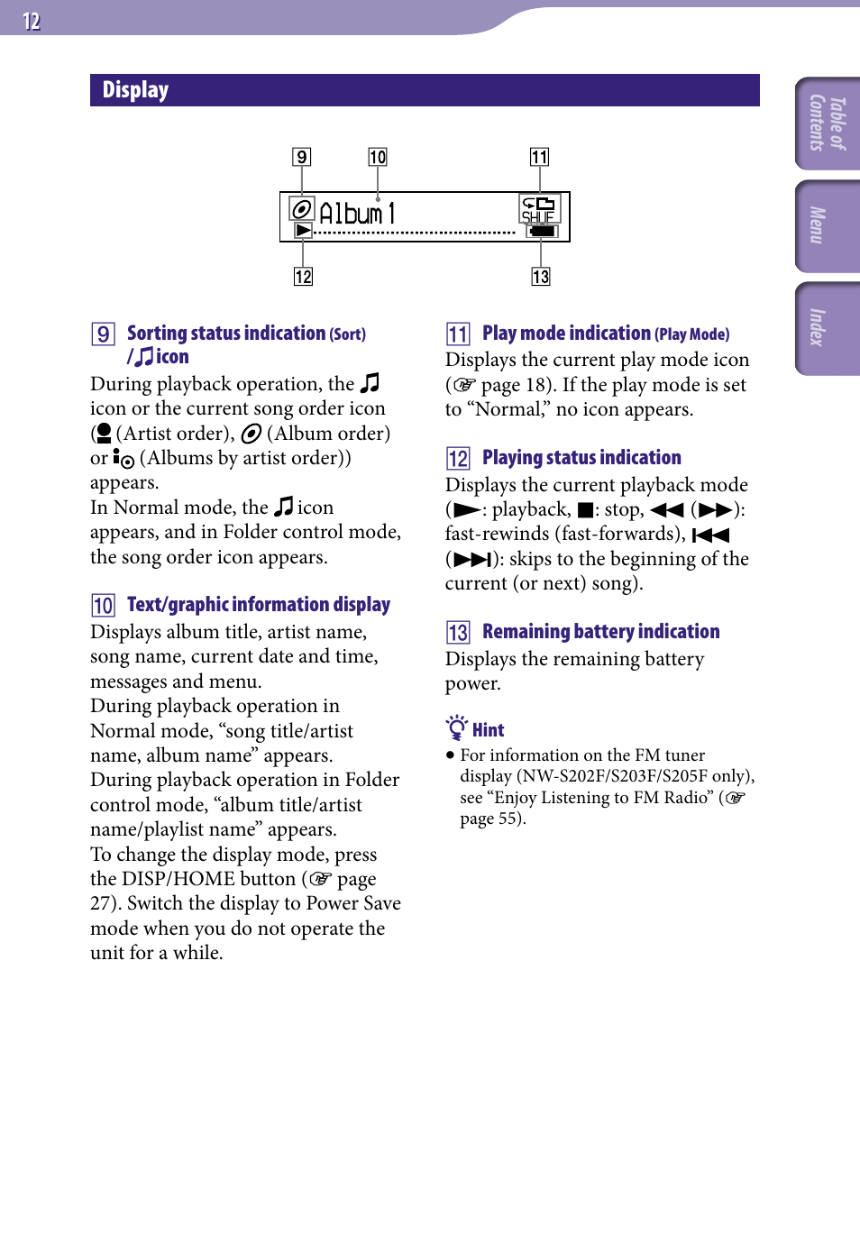 Album, Display | Sony NW-S203F User Manual | Page 12 / 93