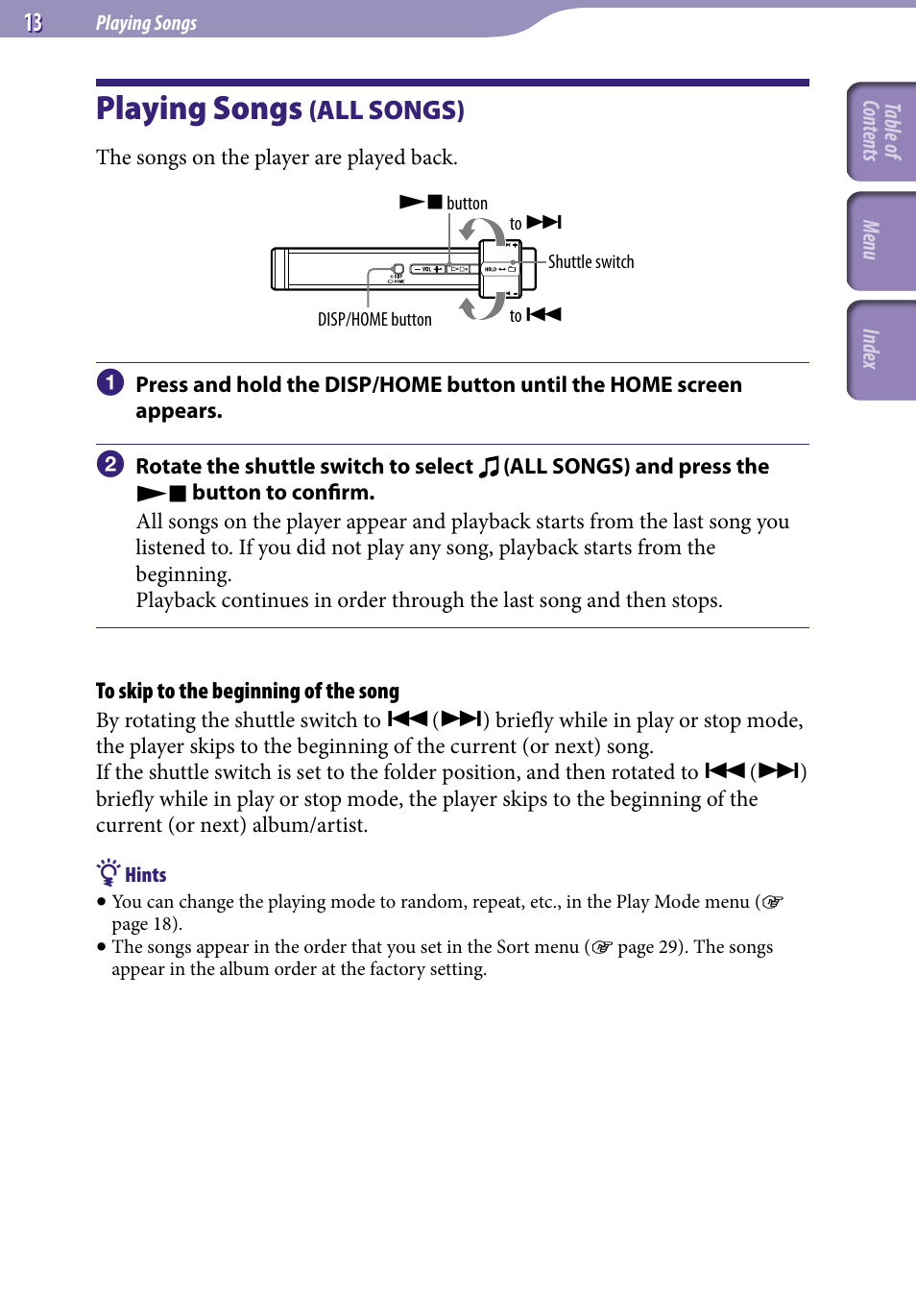 Playing songs, Playing songs (all songs), All songs) | Sony NW-S203F User Manual | Page 13 / 93