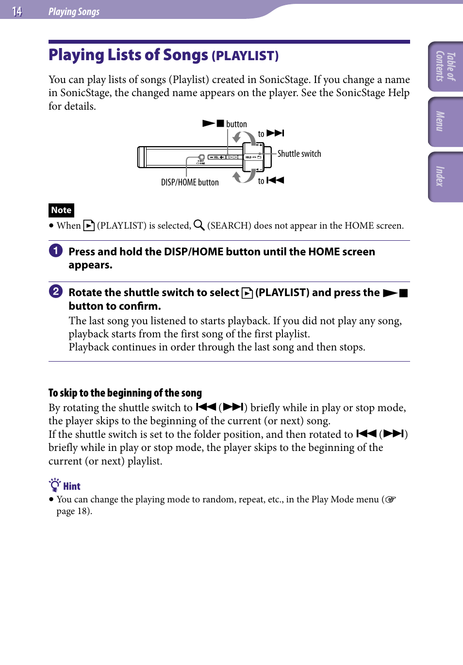 Playing lists of songs (playlist), Playing lists of songs, Playlist) | Sony NW-S203F User Manual | Page 14 / 93