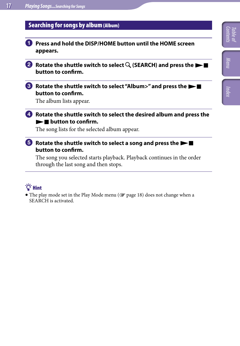 Searching for songs by album (album), Searching for songs by album, Album) | Album | Sony NW-S203F User Manual | Page 17 / 93