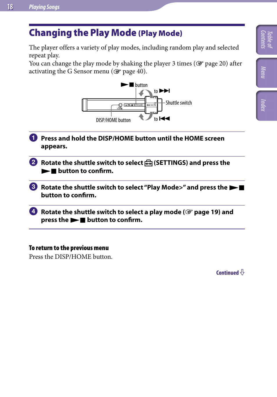 Changing the play mode (play mode), Changing the play mode, Play mode) | Play mode | Sony NW-S203F User Manual | Page 18 / 93