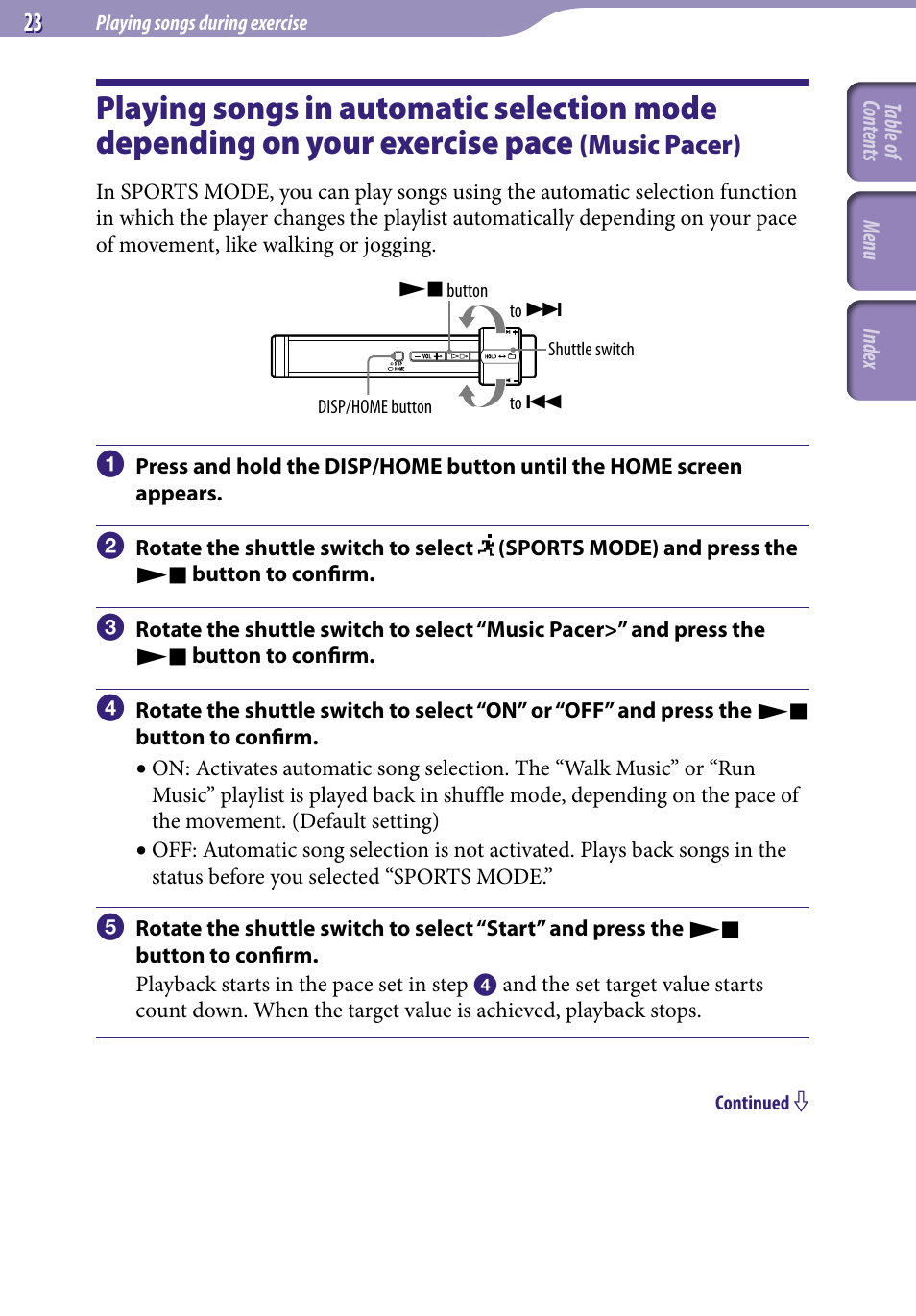 Playing songs in automatic selection, Mode depending on your exercise pace, Music pacer) | Music pacer | Sony NW-S203F User Manual | Page 23 / 93
