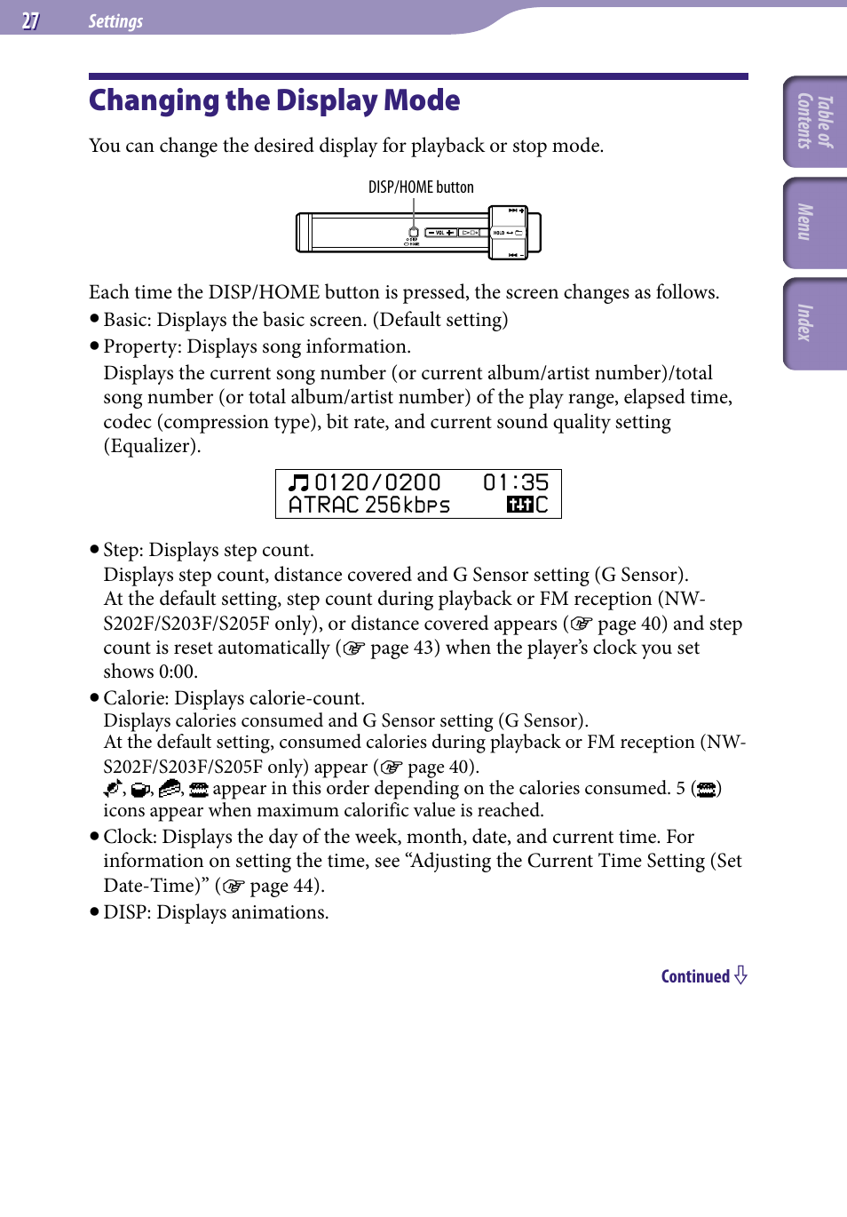 Settings, Changing the display mode, 27). s | Sony NW-S203F User Manual | Page 27 / 93