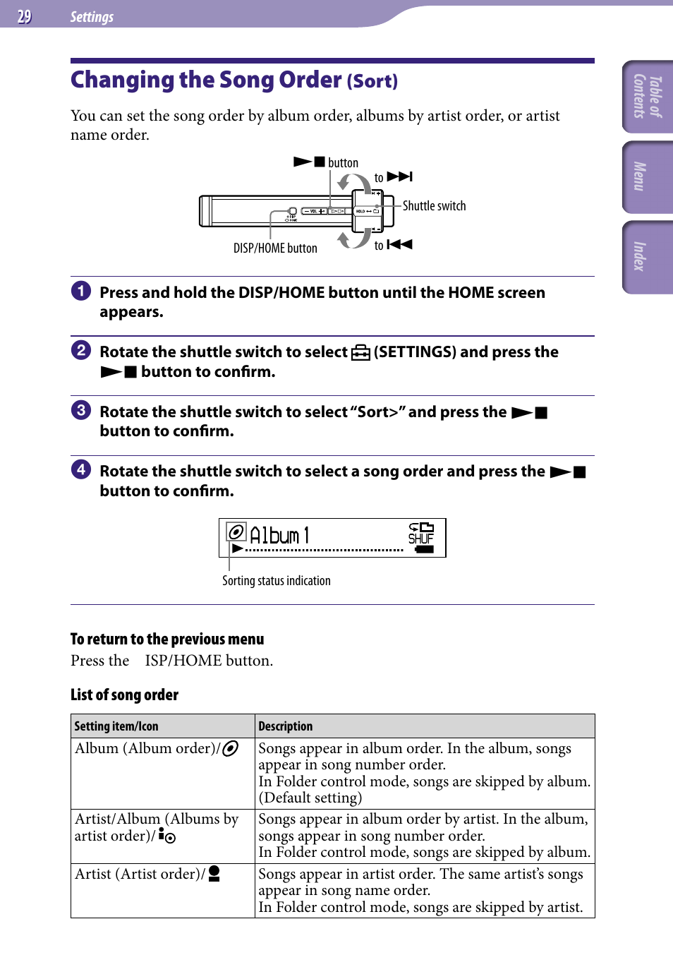 Changing the song order (sort), Changing the song order, Sort) | Sort, Album | Sony NW-S203F User Manual | Page 29 / 93