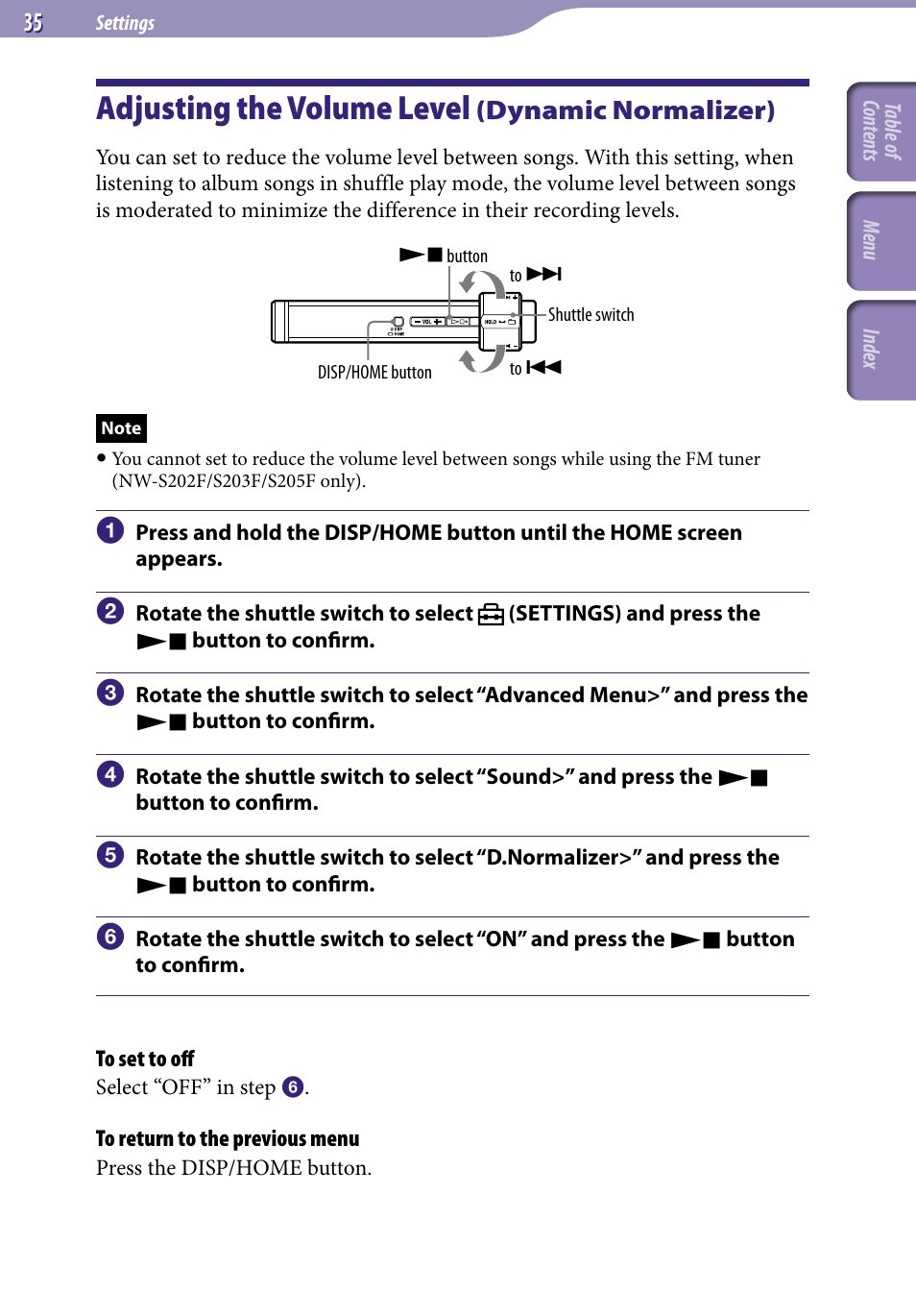 Adjusting the volume level (dynamic normalizer), Adjusting the volume level, Dynamic normalizer) | D.normalizer | Sony NW-S203F User Manual | Page 35 / 93