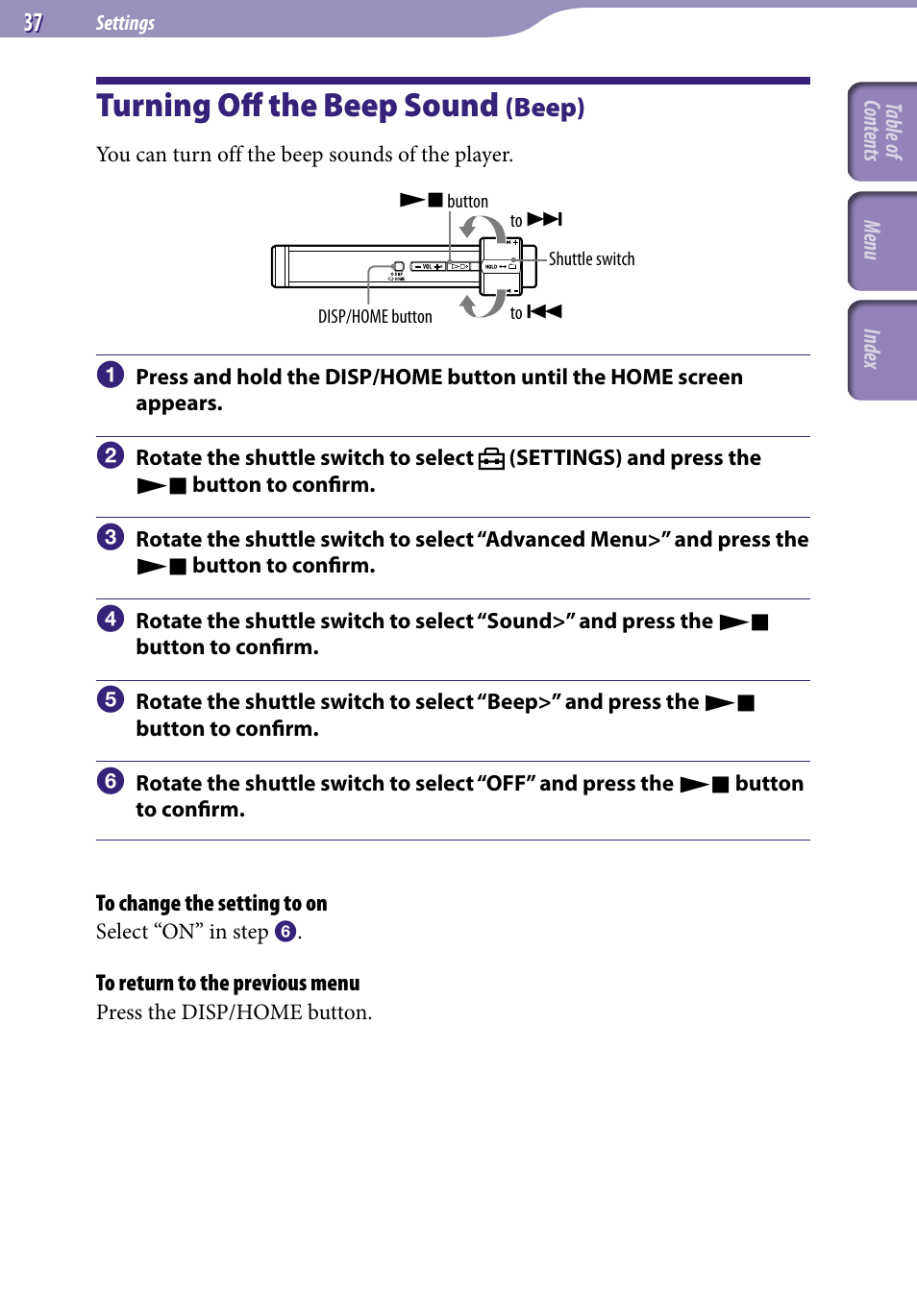 Turning off the beep sound (beep), Turning off the beep sound, Beep) | Beep | Sony NW-S203F User Manual | Page 37 / 93