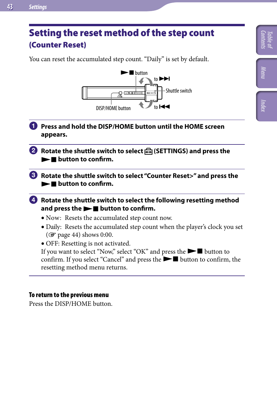 Setting the reset method of the step, Count, Counter reset) | Counter reset, Setting the reset method of the step count | Sony NW-S203F User Manual | Page 43 / 93
