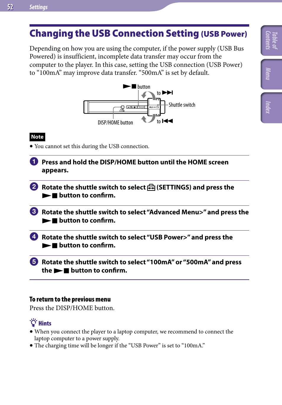 Changing the usb connection setting (usb power), Changing the usb connection setting, Usb power) | Usb power | Sony NW-S203F User Manual | Page 52 / 93