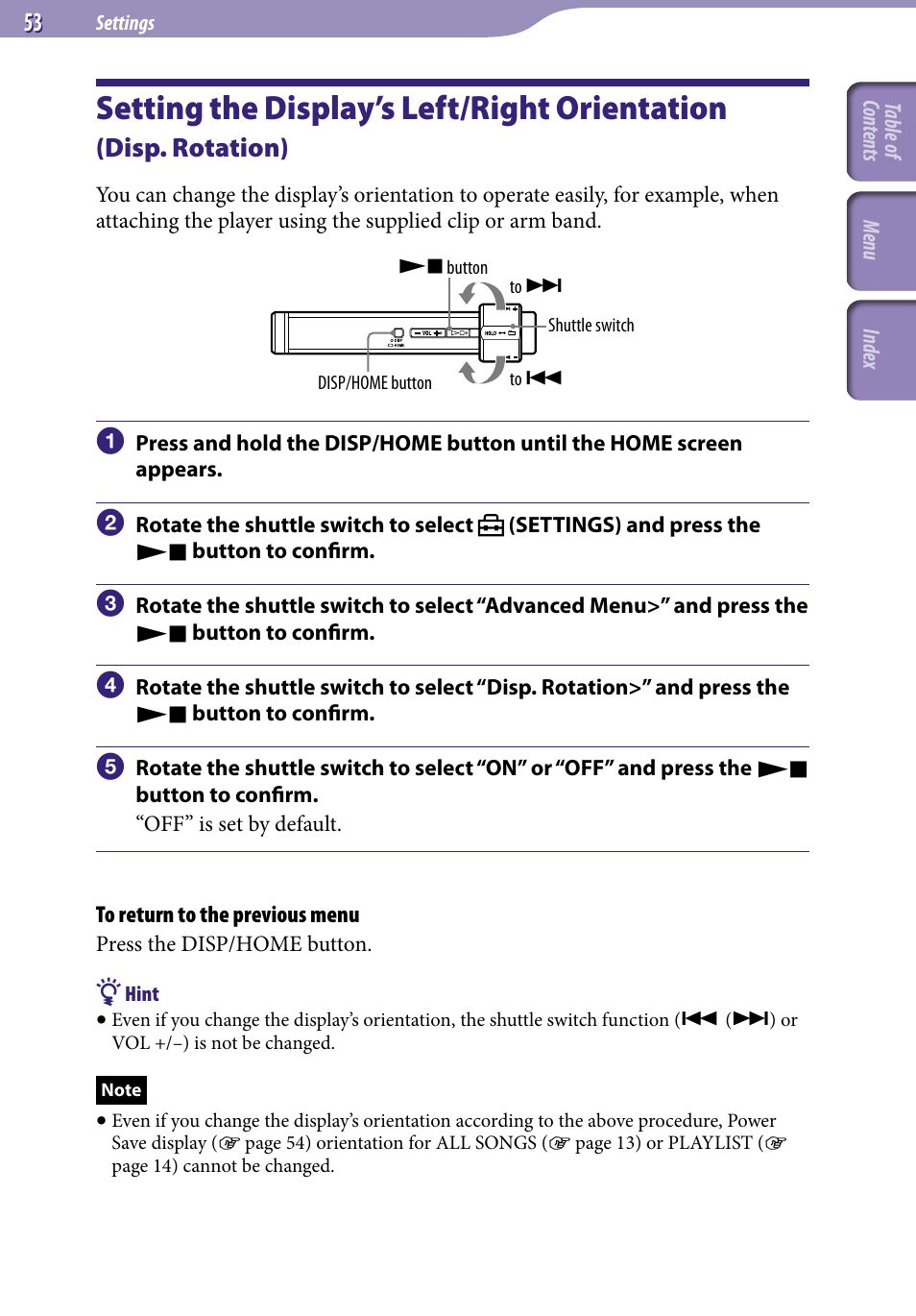 Setting the display’s left/right, Orientation, Disp. rotation) | Disp. rotation, Setting the display’s left/right orientation | Sony NW-S203F User Manual | Page 53 / 93