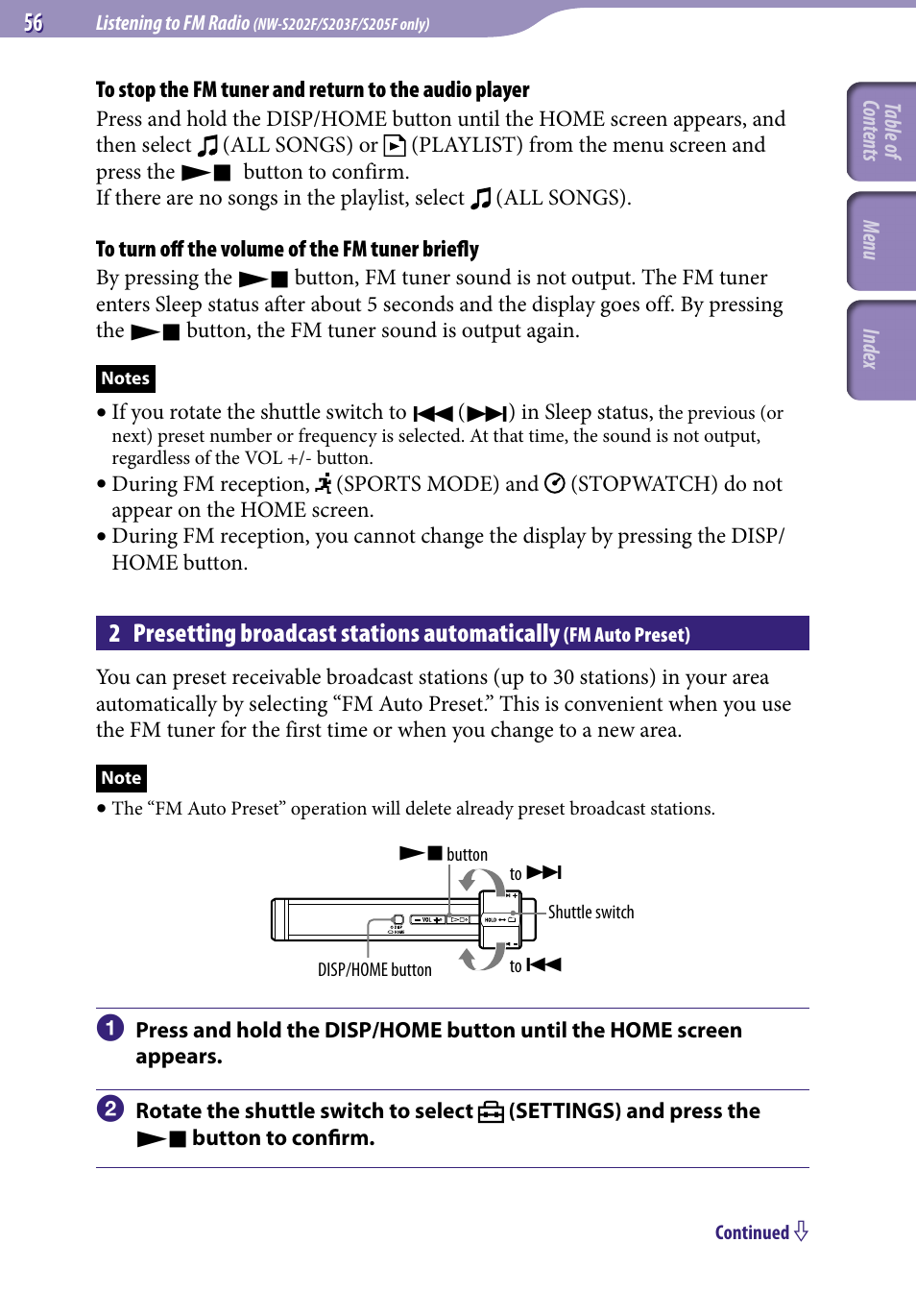 2 presetting broadcast stations, Automatically, Fm auto preset) | Fm auto preset, 2 presetting broadcast stations automatically | Sony NW-S203F User Manual | Page 56 / 93