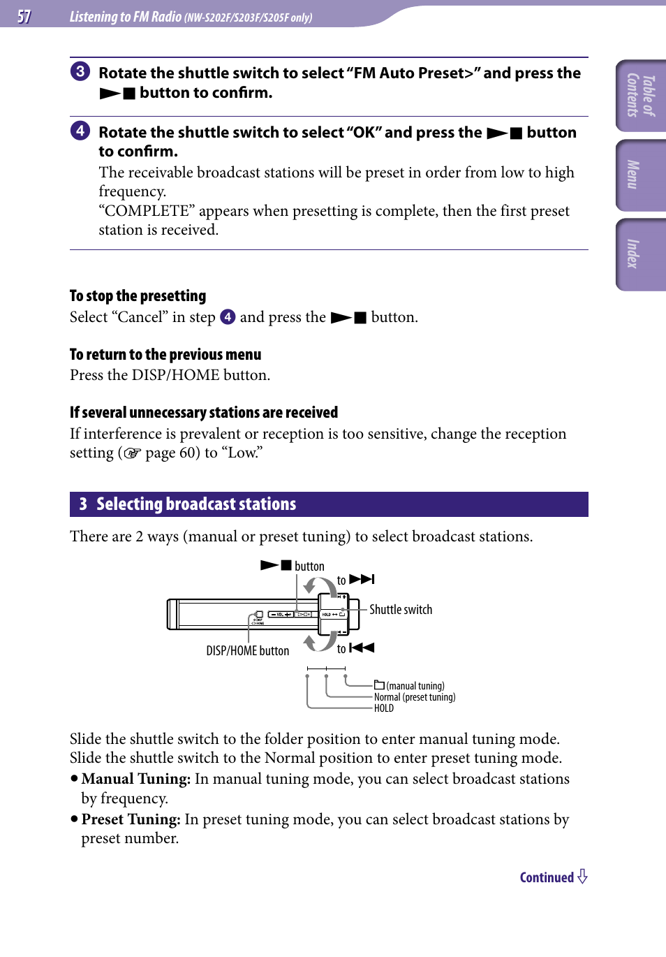 3 selecting broadcast stations | Sony NW-S203F User Manual | Page 57 / 93