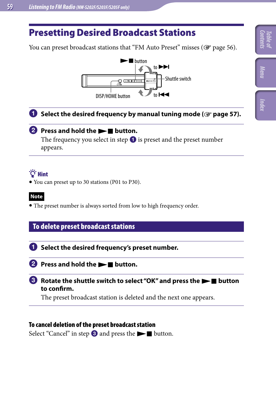 Presetting desired broadcast stations, To delete preset broadcast stations, Presetting desired | Broadcast stations | Sony NW-S203F User Manual | Page 59 / 93