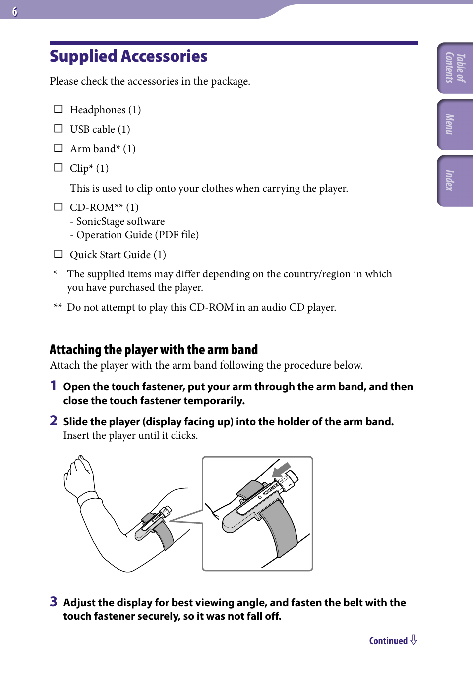 Supplied accessories, Attaching the player with the arm band | Sony NW-S203F User Manual | Page 6 / 93