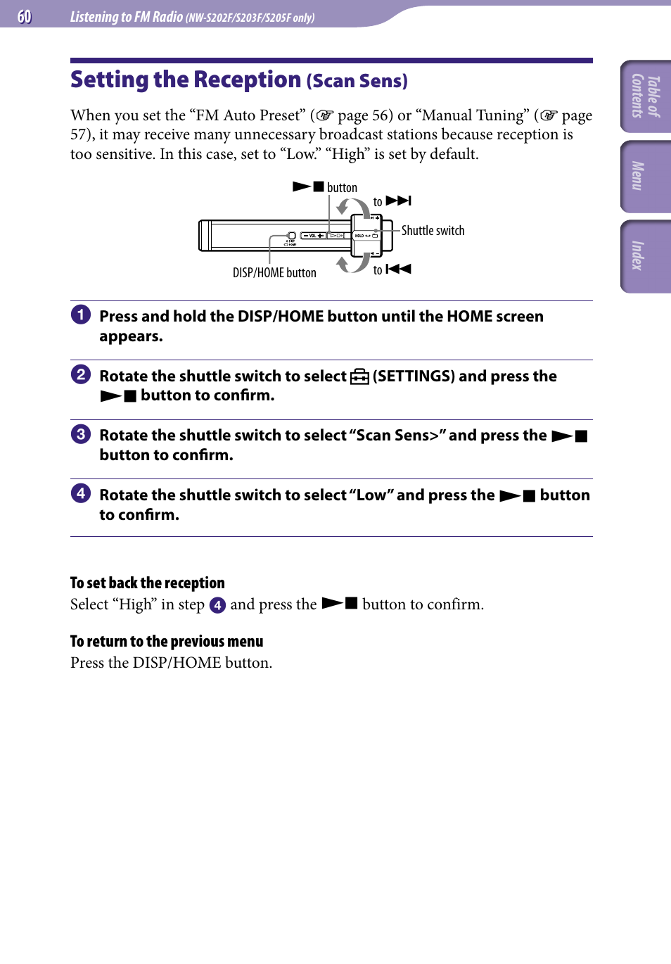 Setting the reception (scan sens), Setting the reception, Scan sens) | Scan sens | Sony NW-S203F User Manual | Page 60 / 93