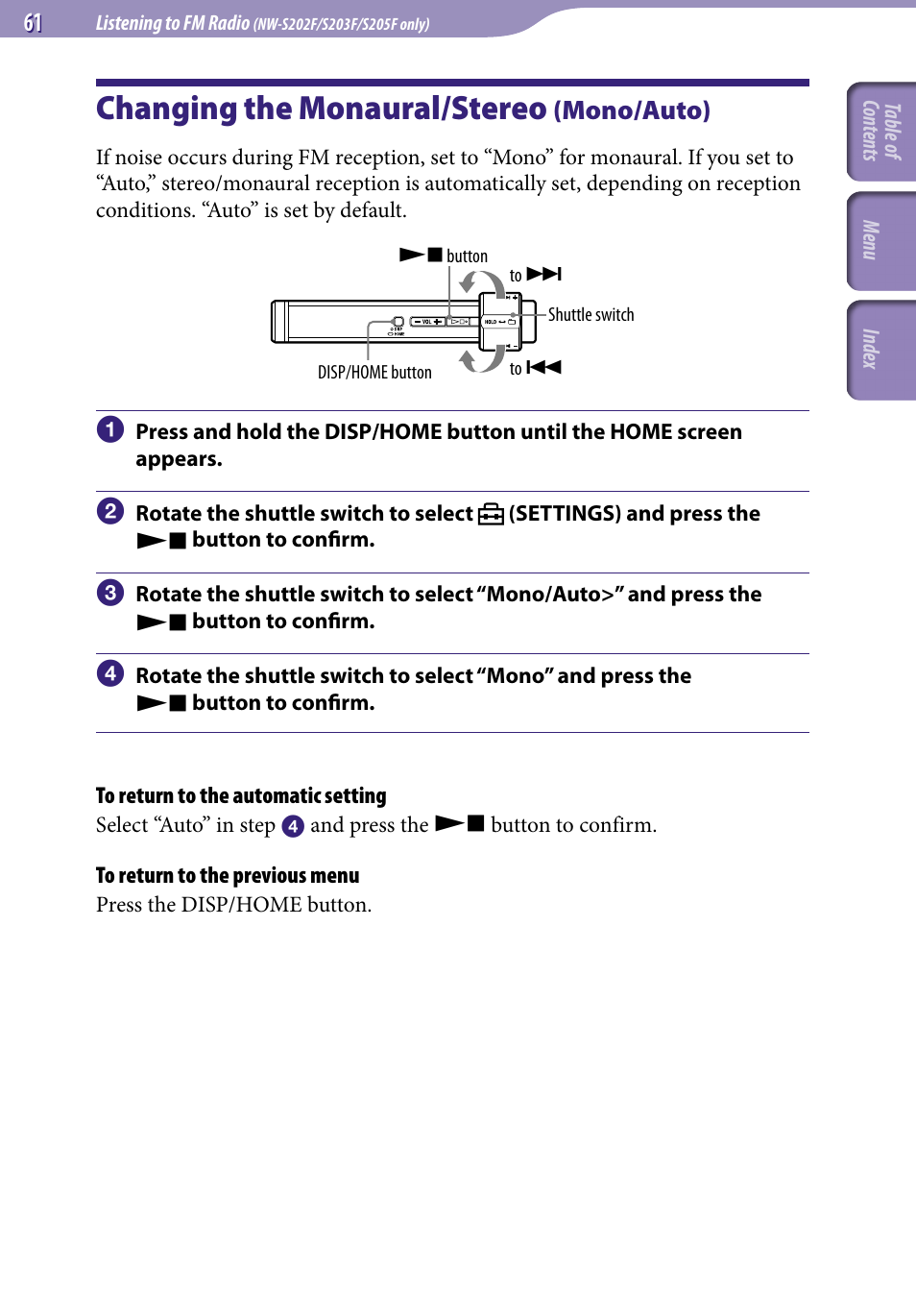 Changing the monaural/stereo (mono/auto), Changing the monaural/stereo, Mono/auto) | Mono/auto | Sony NW-S203F User Manual | Page 61 / 93