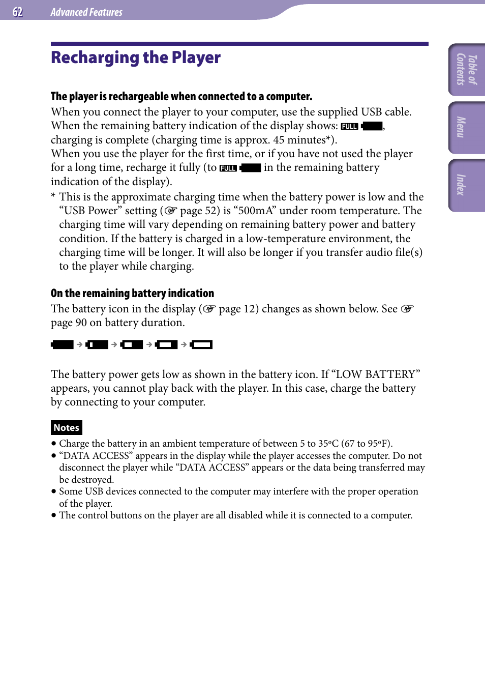 Advanced features, Recharging the player | Sony NW-S203F User Manual | Page 62 / 93