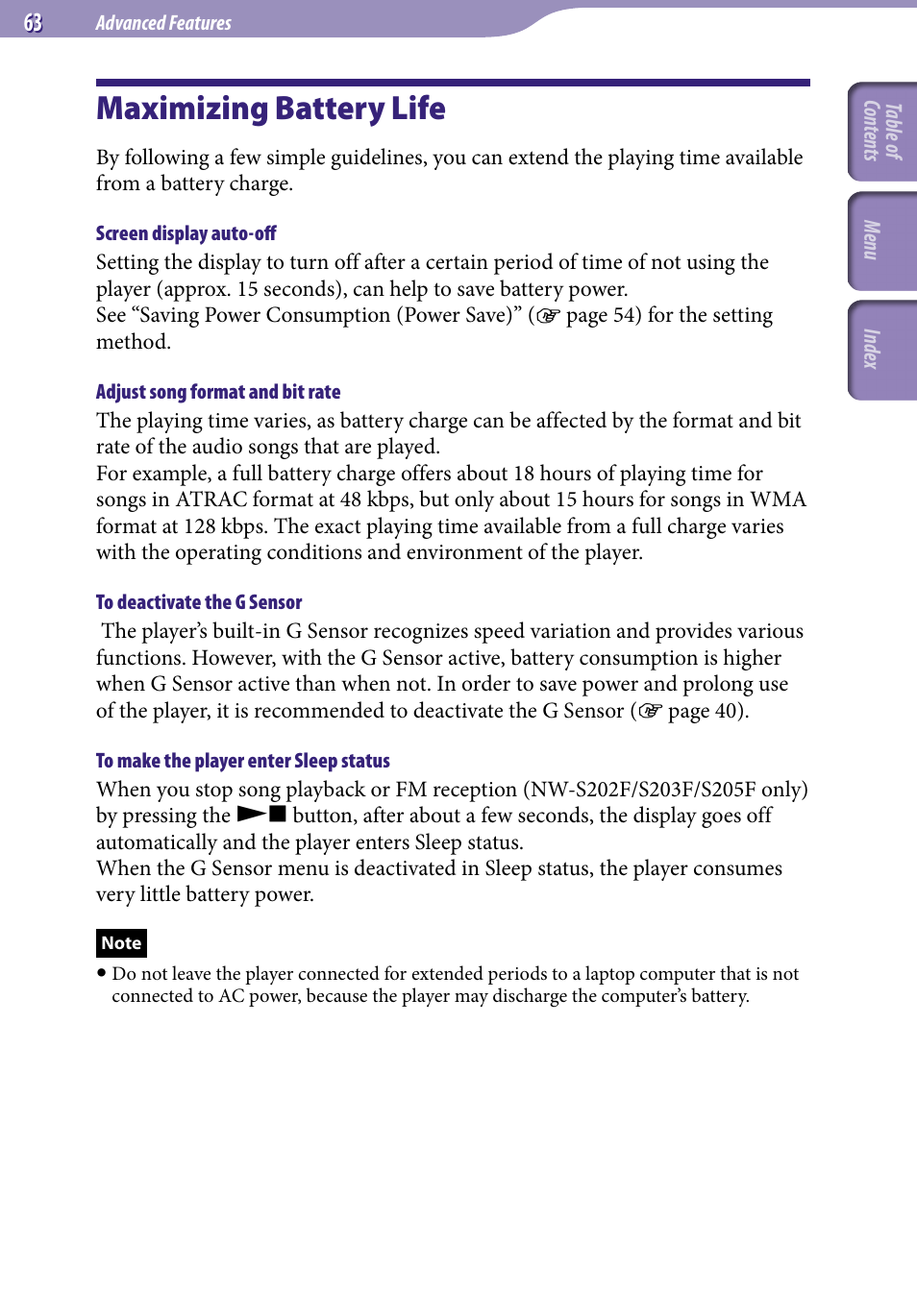 Maximizing battery life | Sony NW-S203F User Manual | Page 63 / 93