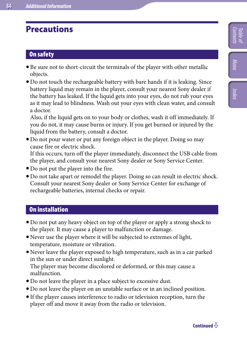 Precautions, Additional information, On safety | On installation | Sony NW-S203F User Manual | Page 84 / 93