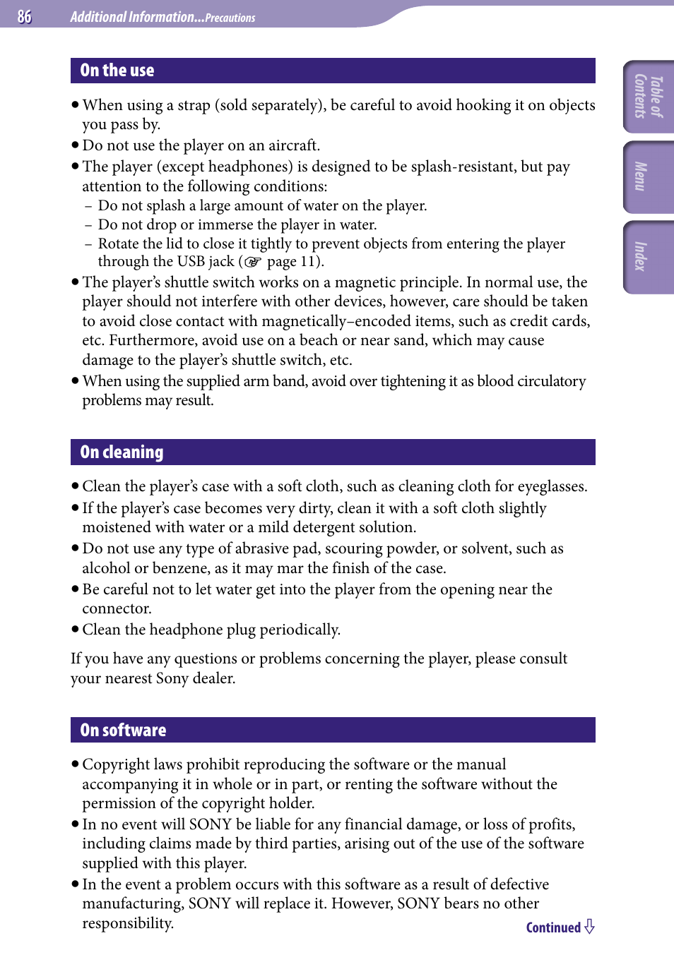 On the use, On cleaning, On software | Sony NW-S203F User Manual | Page 86 / 93