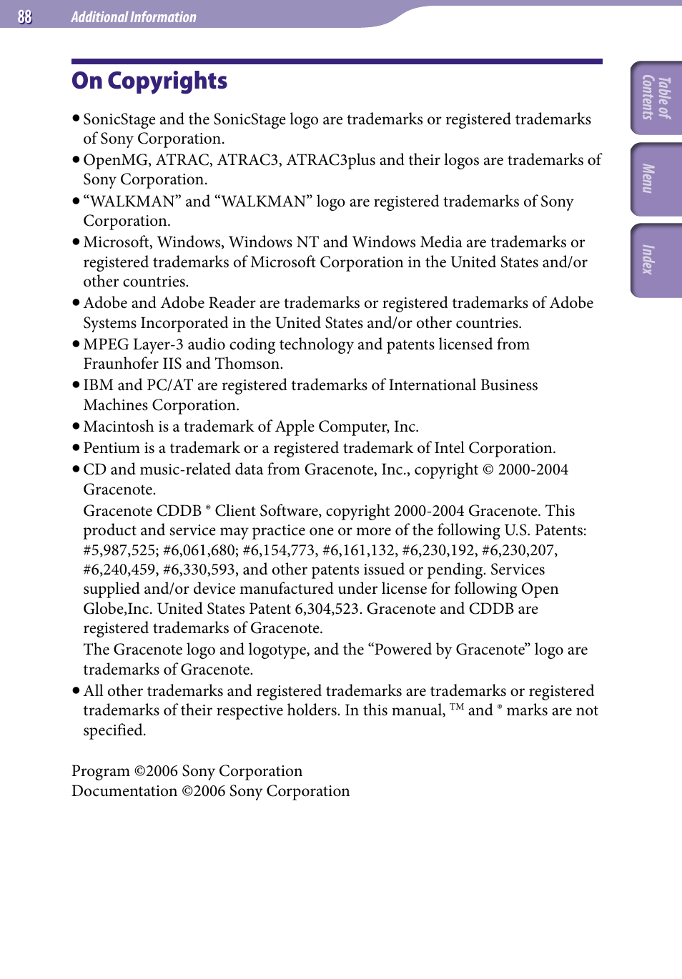 On copyrights | Sony NW-S203F User Manual | Page 88 / 93