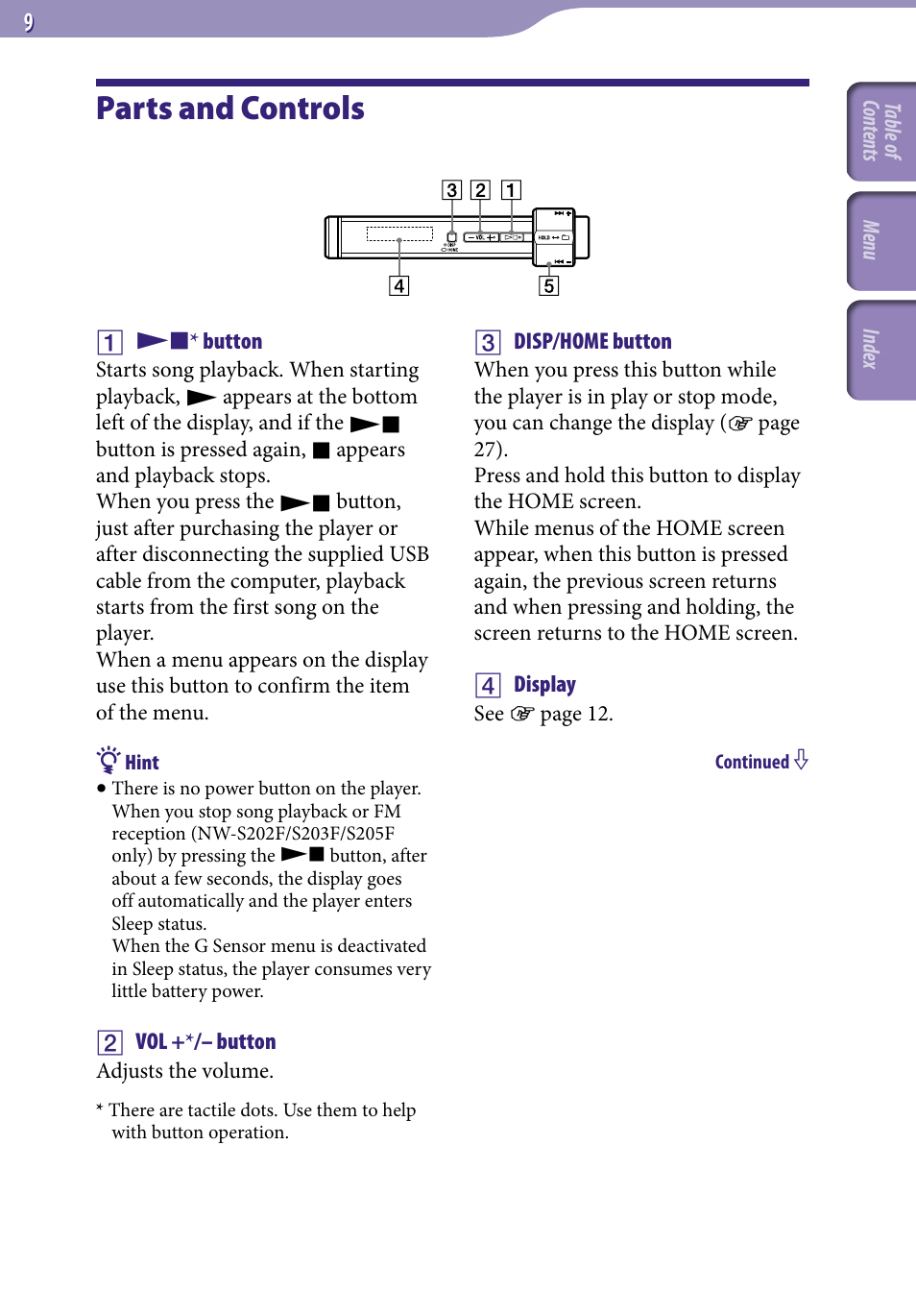 Parts and controls | Sony NW-S203F User Manual | Page 9 / 93