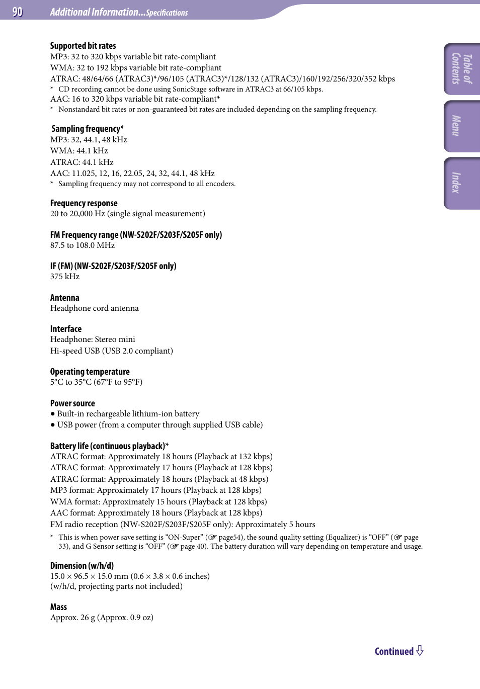 Table of cont ents inde x menu, Additional information | Sony NW-S203F User Manual | Page 90 / 93