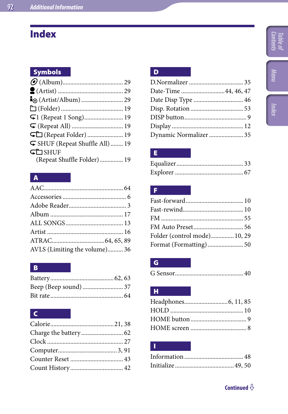 Index | Sony NW-S203F User Manual | Page 92 / 93