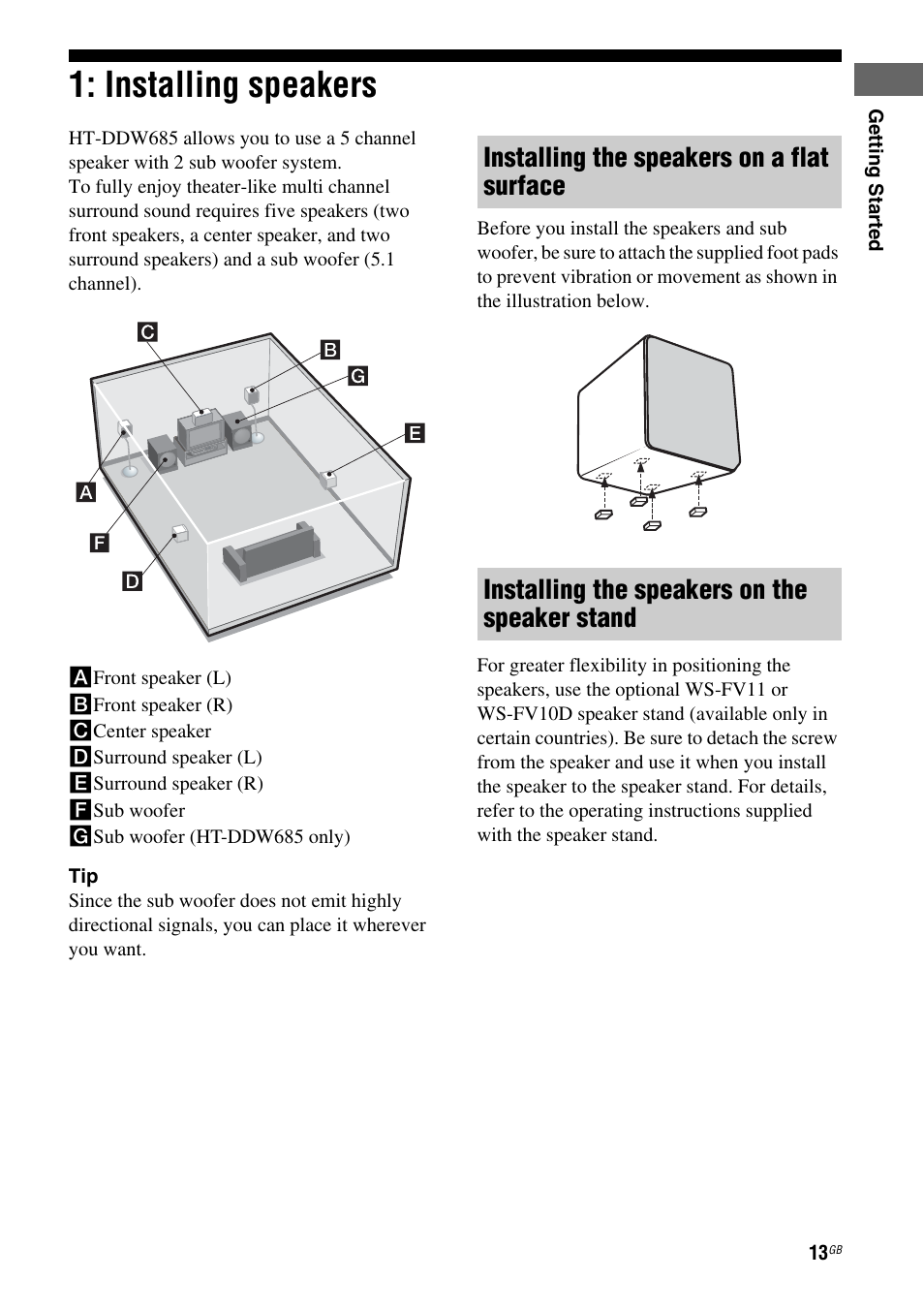 Installing speakers | Sony HT-DDW685 User Manual | Page 13 / 64