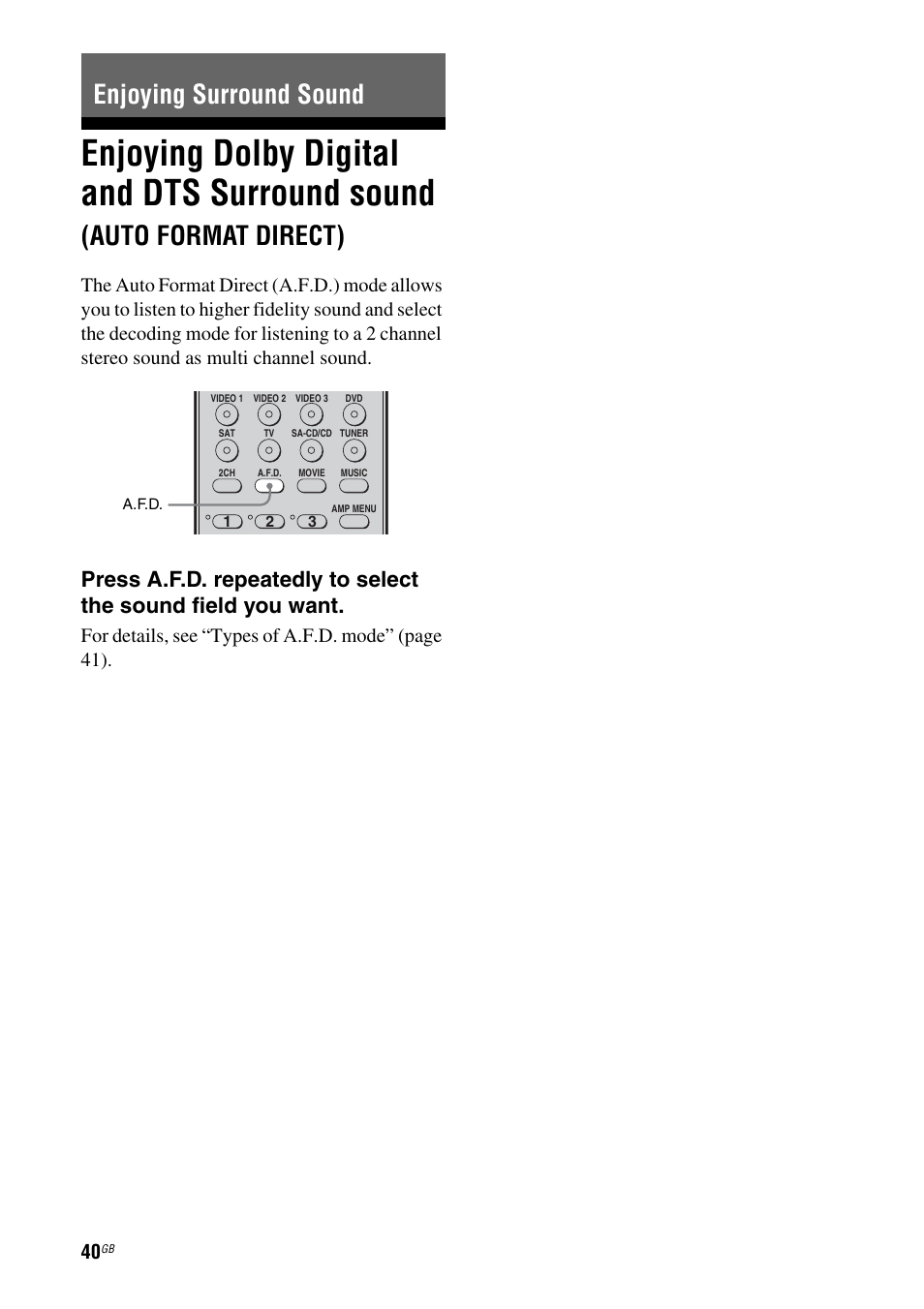 Enjoying surround sound, Enjoying dolby digital and dts surround, Sound (auto format direct) | Enjoying dolby digital and dts surround sound, Auto format direct), For details, see “types of a.f.d. mode” (page 41) | Sony HT-DDW685 User Manual | Page 40 / 64