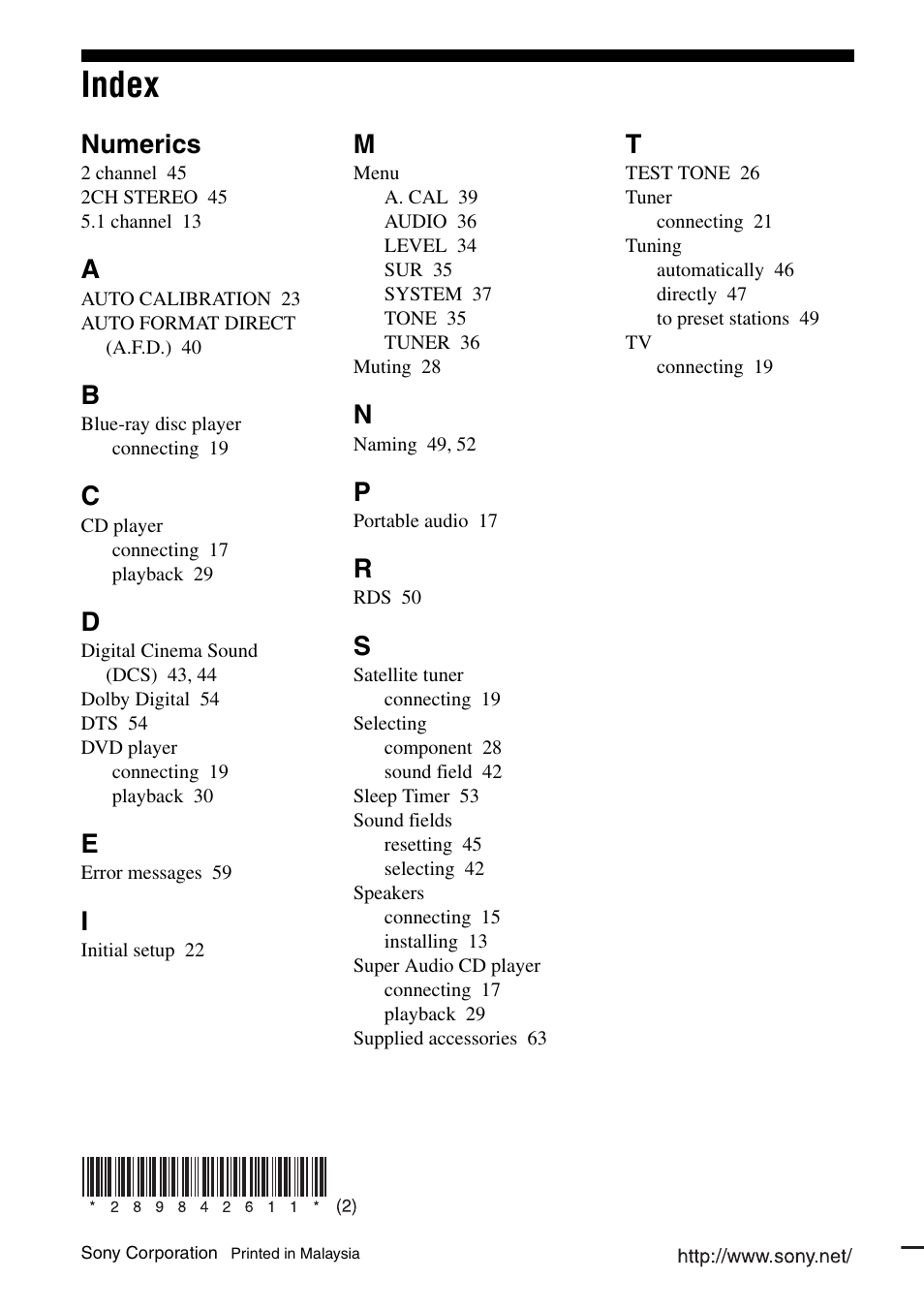 Index, Numerics | Sony HT-DDW685 User Manual | Page 64 / 64