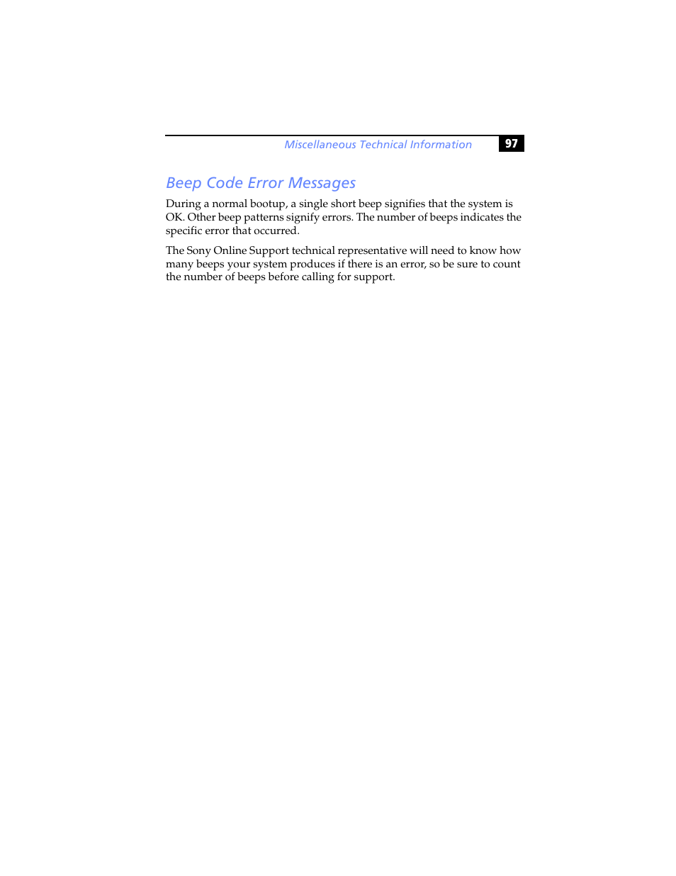 Beep code error messages | Sony PCV-RX480DS User Manual | Page 111 / 134