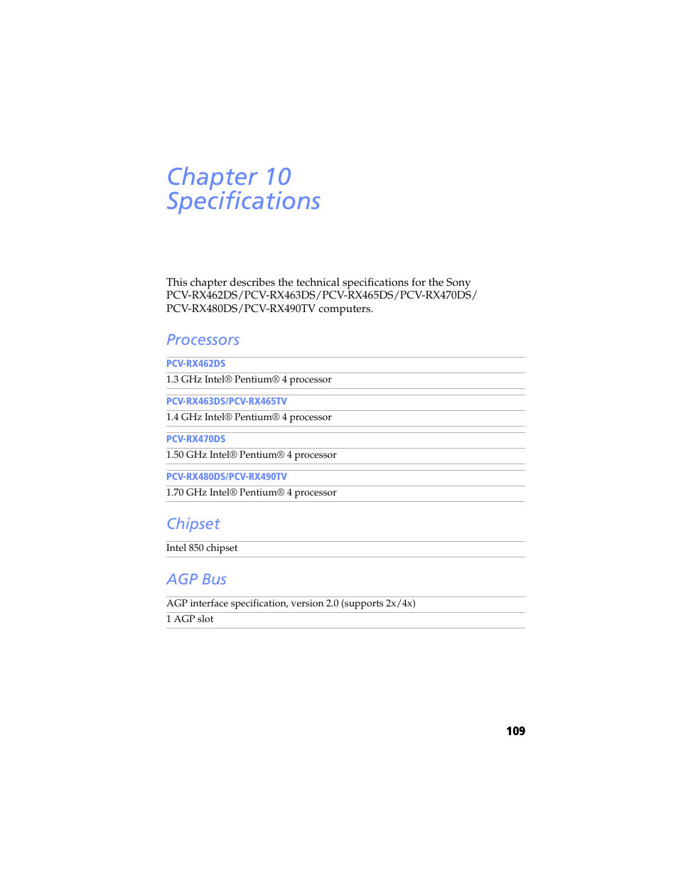 Specifications, Processors, Chipset | Agp bus, Chapter 10 — specifications, Chipset agp bus, Chapter 10 specifications, Processors chipset agp bus | Sony PCV-RX480DS User Manual | Page 123 / 134