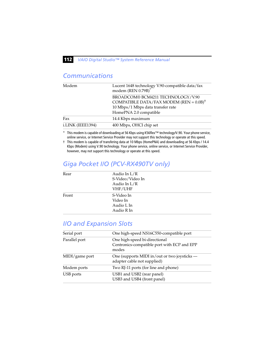Communications, Giga pocket i/o (pcv-rx490tv only), I/o and expansion slots | Sony PCV-RX480DS User Manual | Page 126 / 134
