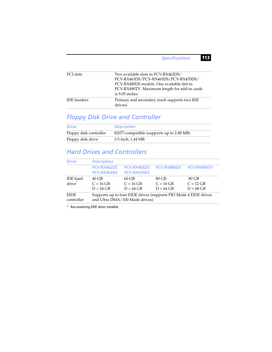 Floppy disk drive and controller, Hard drives and controllers | Sony PCV-RX480DS User Manual | Page 127 / 134