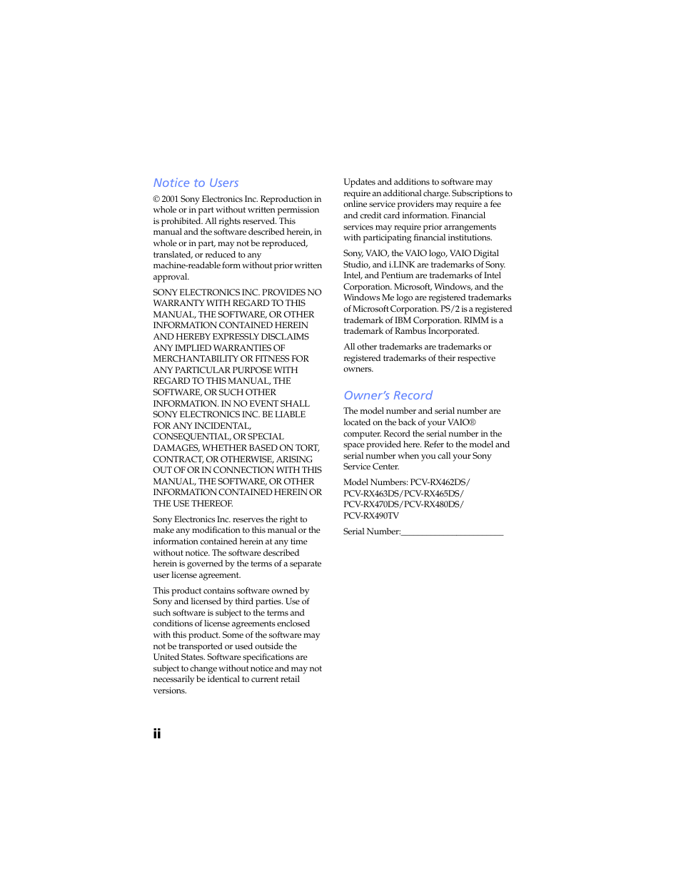 Notice to users, Owner’s record | Sony PCV-RX480DS User Manual | Page 2 / 134