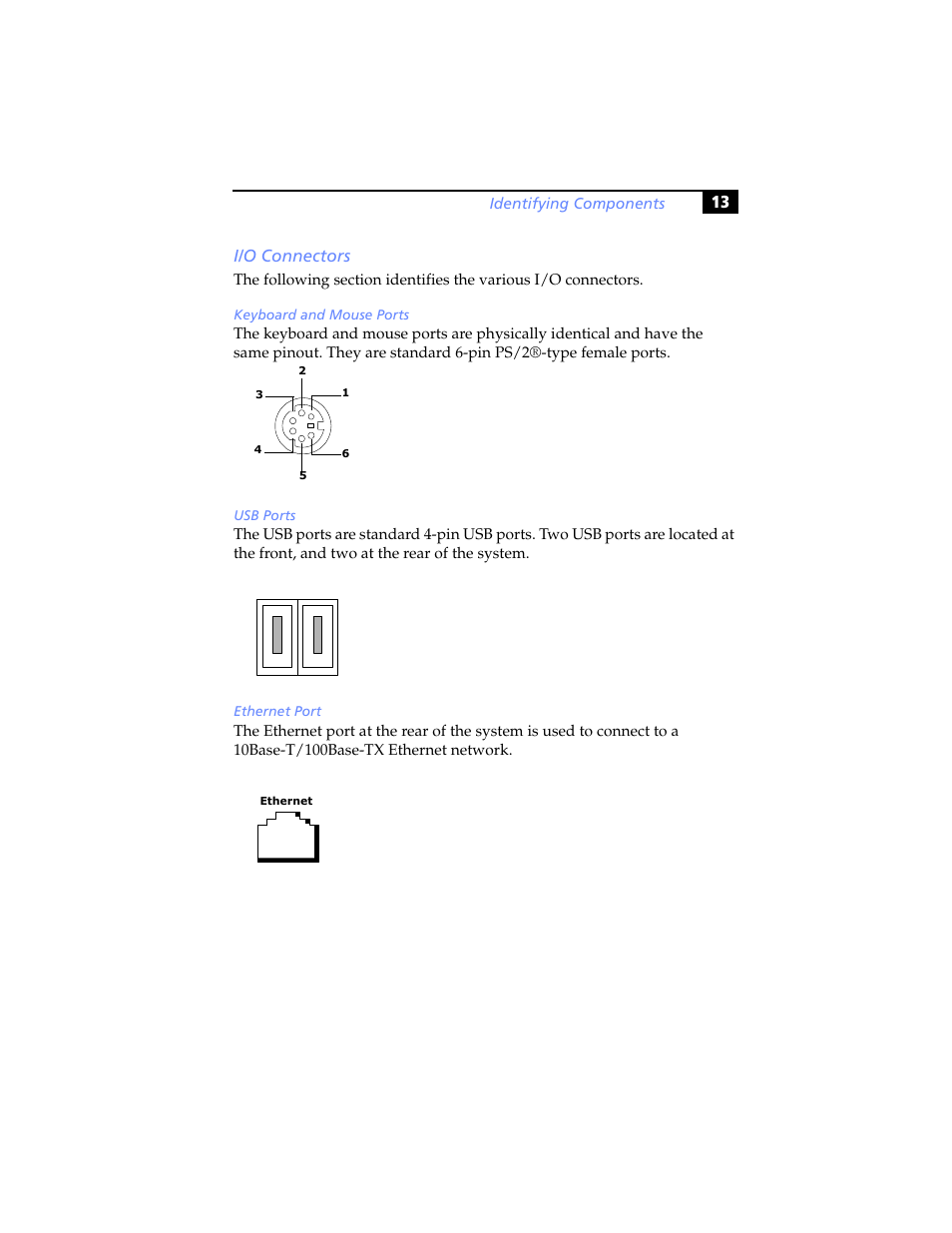 I/o connectors, Keyboard and mouse ports, Usb ports | Ethernet port, 13 i/o connectors | Sony PCV-RX480DS User Manual | Page 27 / 134