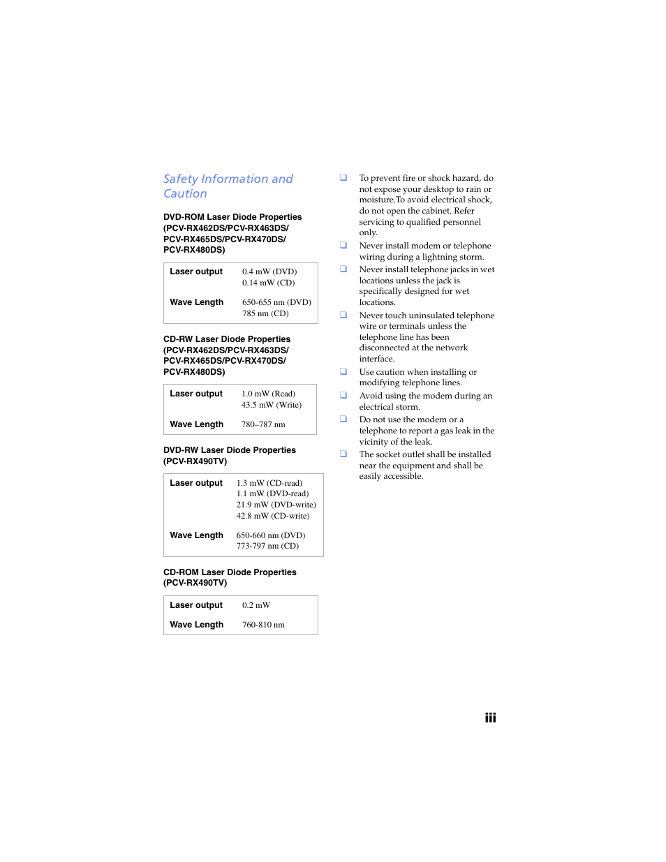 Safety information and caution | Sony PCV-RX480DS User Manual | Page 3 / 134