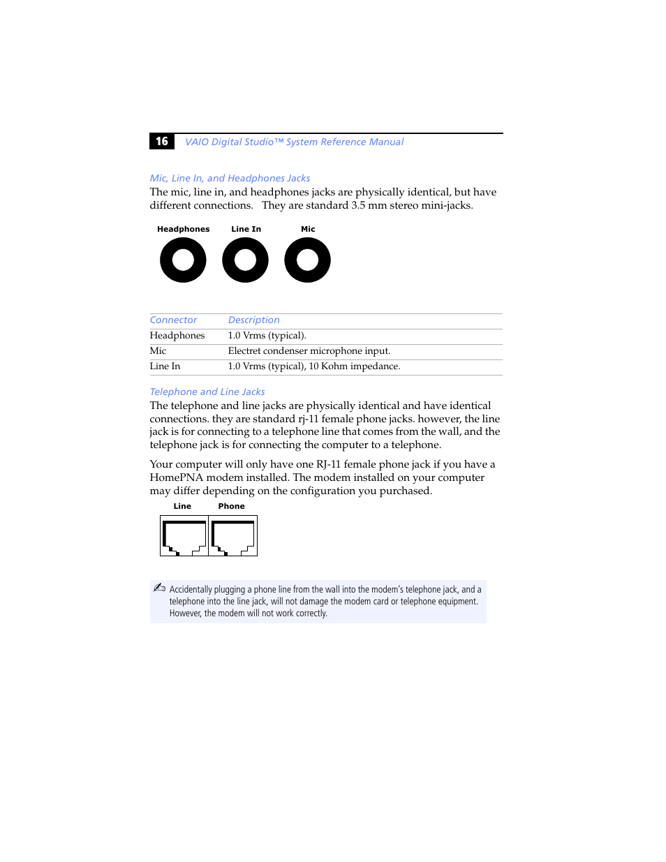 Mic, line in, and headphones jacks, Telephone and line jacks | Sony PCV-RX480DS User Manual | Page 30 / 134