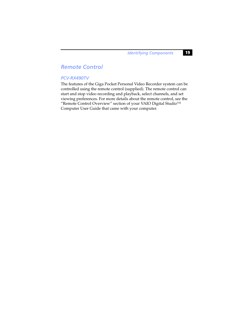 Remote control, Pcv-rx490tv | Sony PCV-RX480DS User Manual | Page 33 / 134