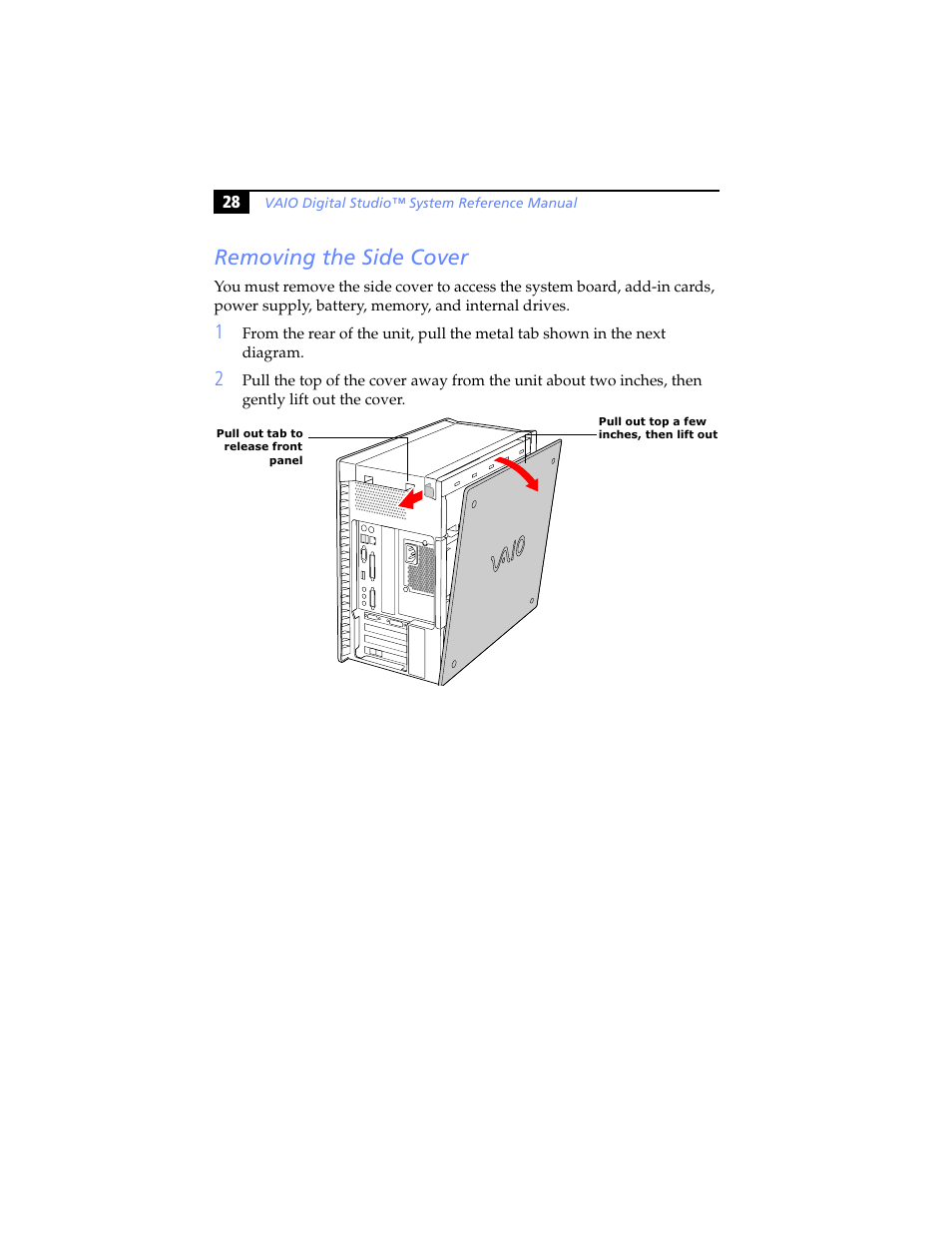 Removing the side cover | Sony PCV-RX480DS User Manual | Page 42 / 134