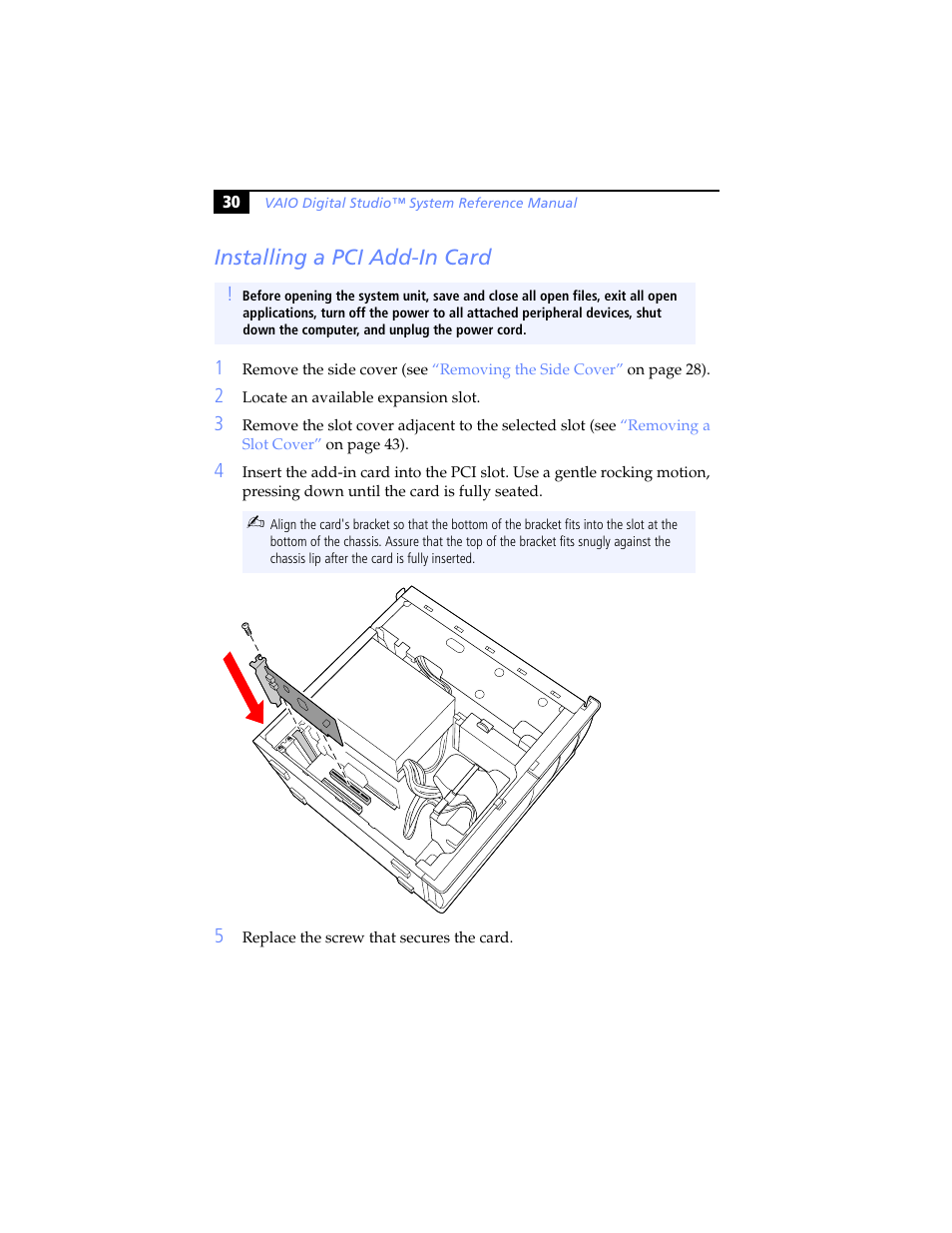 Installing a pci add-in card | Sony PCV-RX480DS User Manual | Page 44 / 134