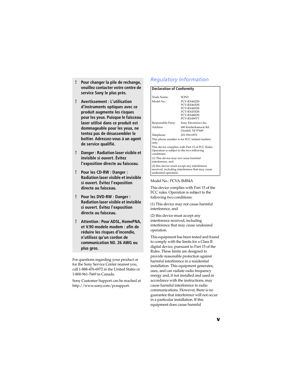 Regulatory information | Sony PCV-RX480DS User Manual | Page 5 / 134