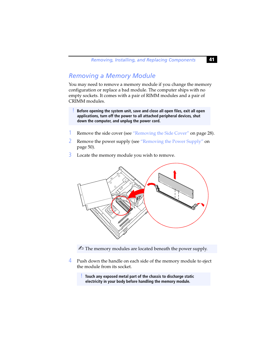 Removing a memory module | Sony PCV-RX480DS User Manual | Page 55 / 134