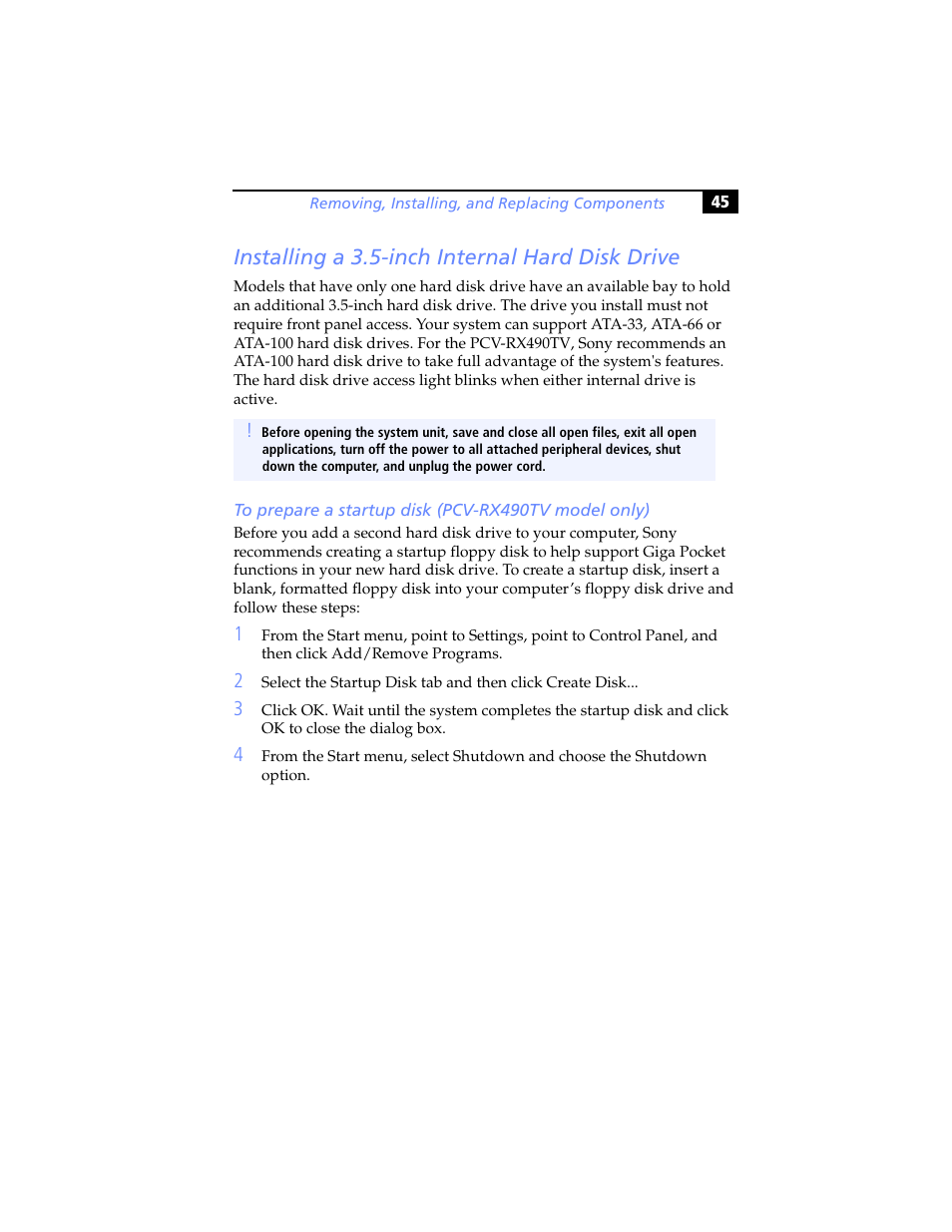 Installing a 3.5-inch internal hard disk drive, To prepare a startup disk (pcv-rx490tv model only) | Sony PCV-RX480DS User Manual | Page 59 / 134