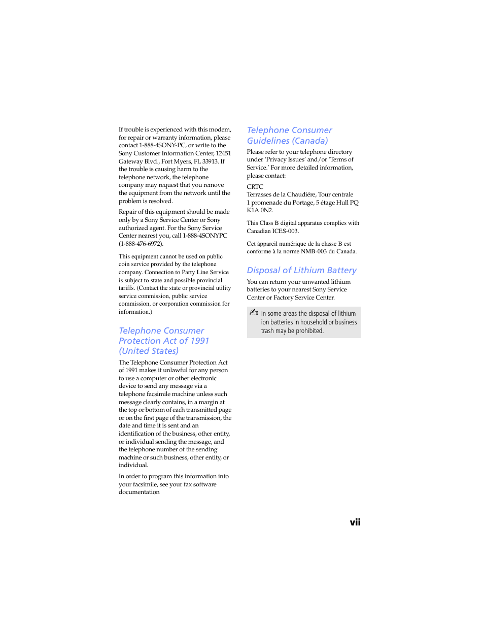 Telephone consumer guidelines (canada), Disposal of lithium battery | Sony PCV-RX480DS User Manual | Page 7 / 134