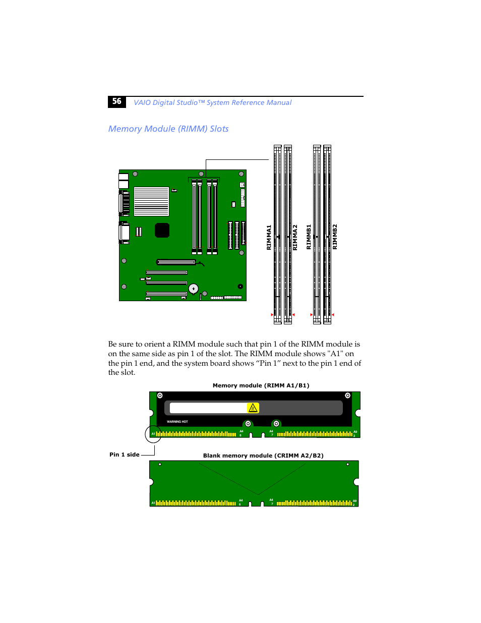 Memory module (rimm) slots, Vaio digital studio™ system reference manual | Sony PCV-RX480DS User Manual | Page 70 / 134
