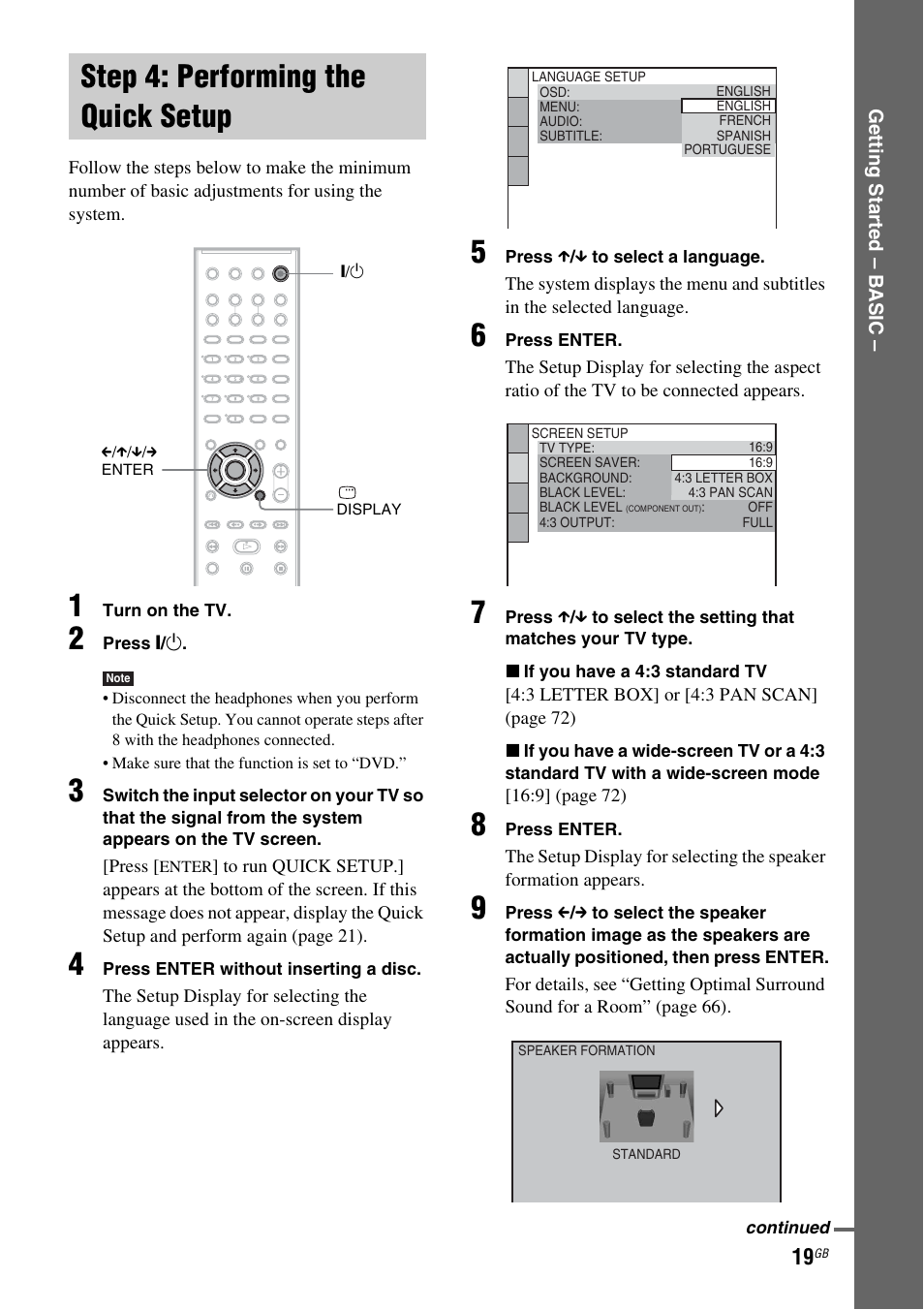 Step 4: performing the quick setup, Step 4: performing the quick, Setup | Sony DX315 User Manual | Page 19 / 100