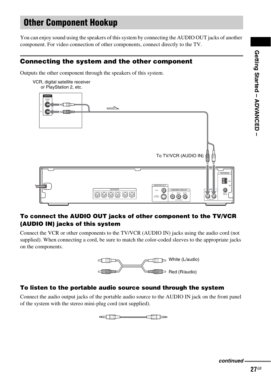 Other component hookup, Connecting the system and the other component, Getting star ted – ad v anced | Continued | Sony DX315 User Manual | Page 27 / 100