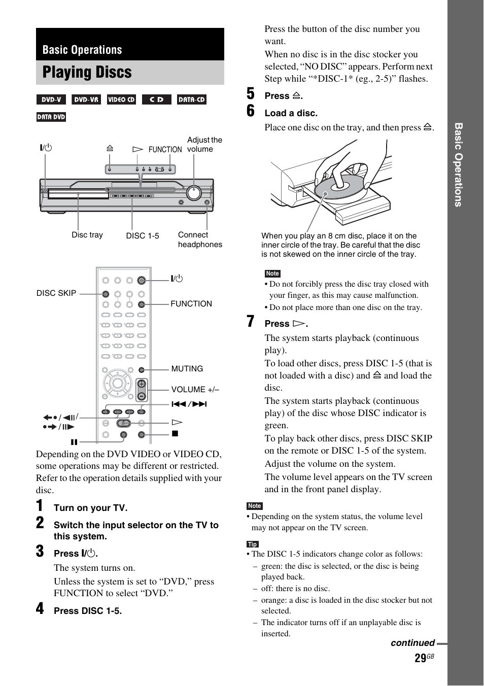 Basic operations, Playing discs | Sony DX315 User Manual | Page 29 / 100