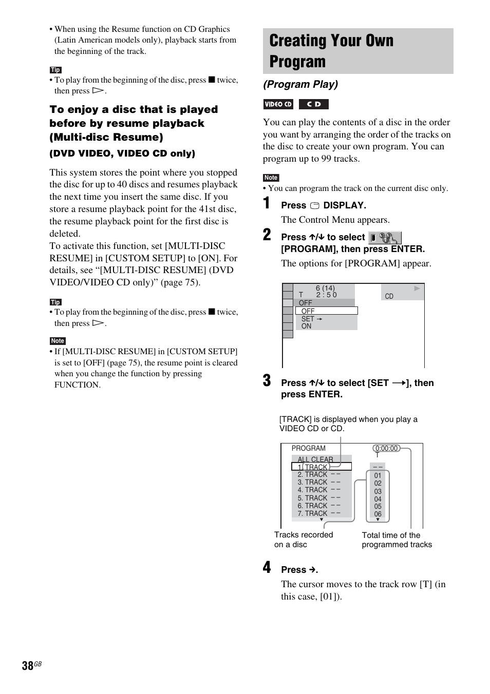 Creating your own program, Program play) | Sony DX315 User Manual | Page 38 / 100